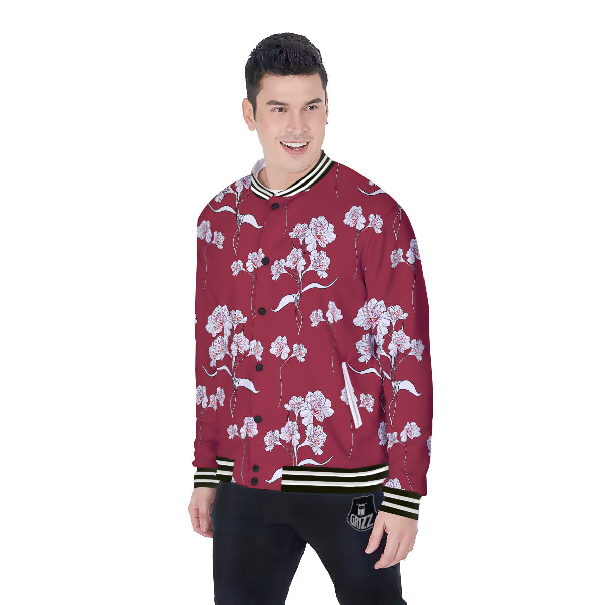 White Alstroemeria Red Print Pattern Baseball Jacket-grizzshop