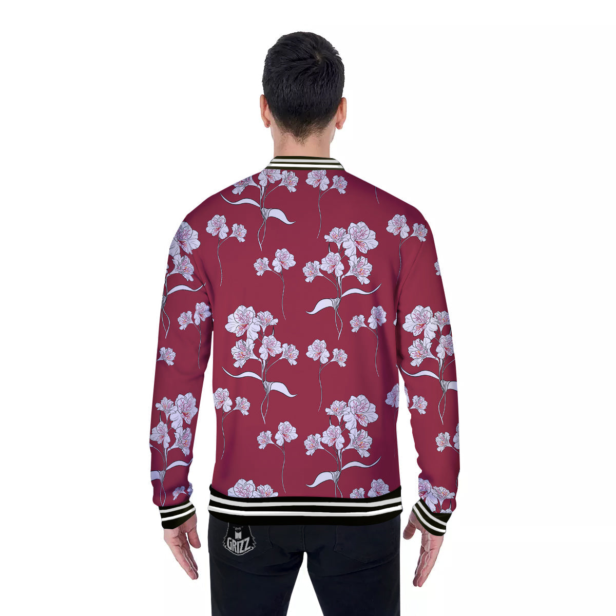 White Alstroemeria Red Print Pattern Baseball Jacket-grizzshop