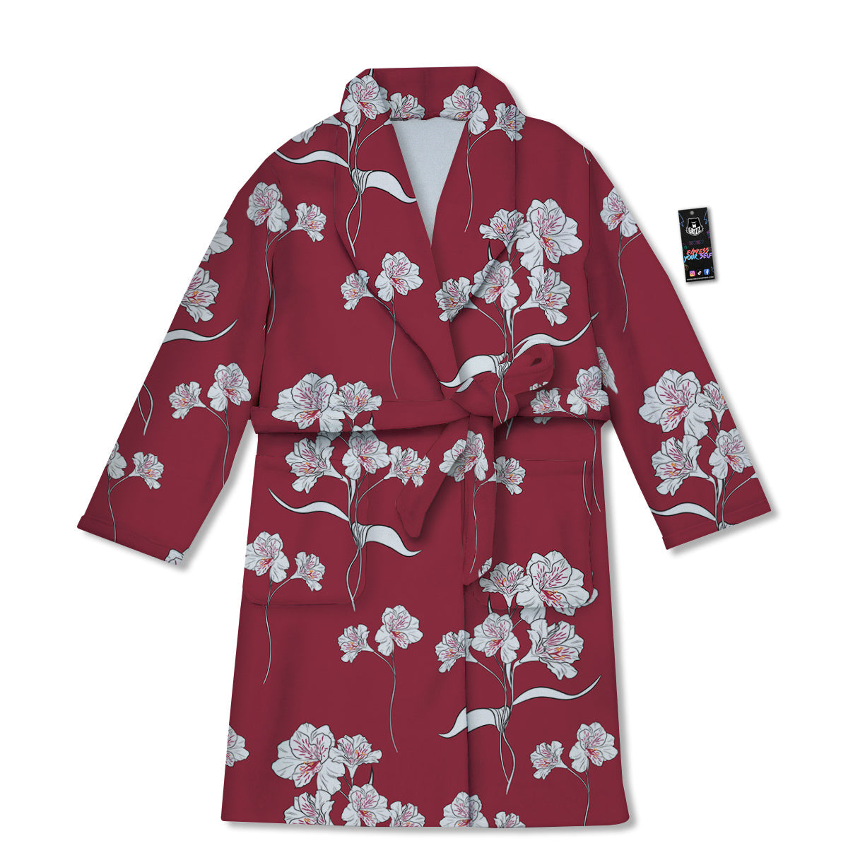 White Alstroemeria Red Print Pattern Bathrobe-grizzshop