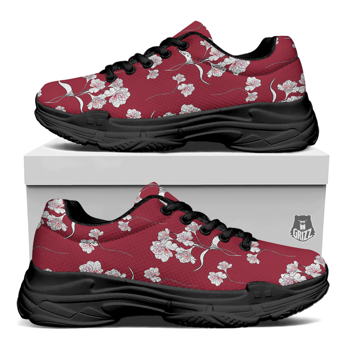 White Alstroemeria Red Print Pattern Black Chunky Shoes-grizzshop