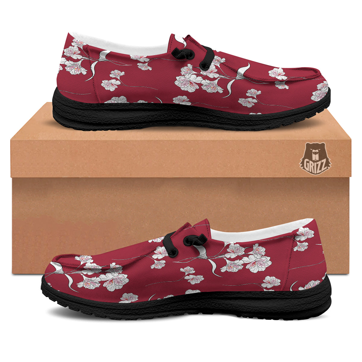 White Alstroemeria Red Print Pattern Black Loafers-grizzshop