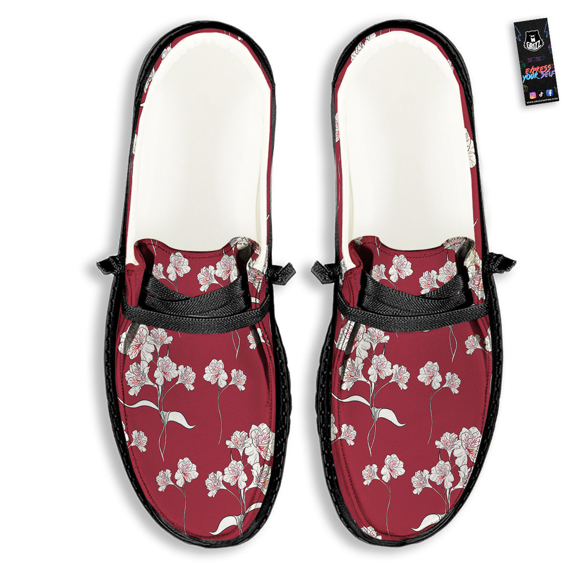 White Alstroemeria Red Print Pattern Black Loafers-grizzshop