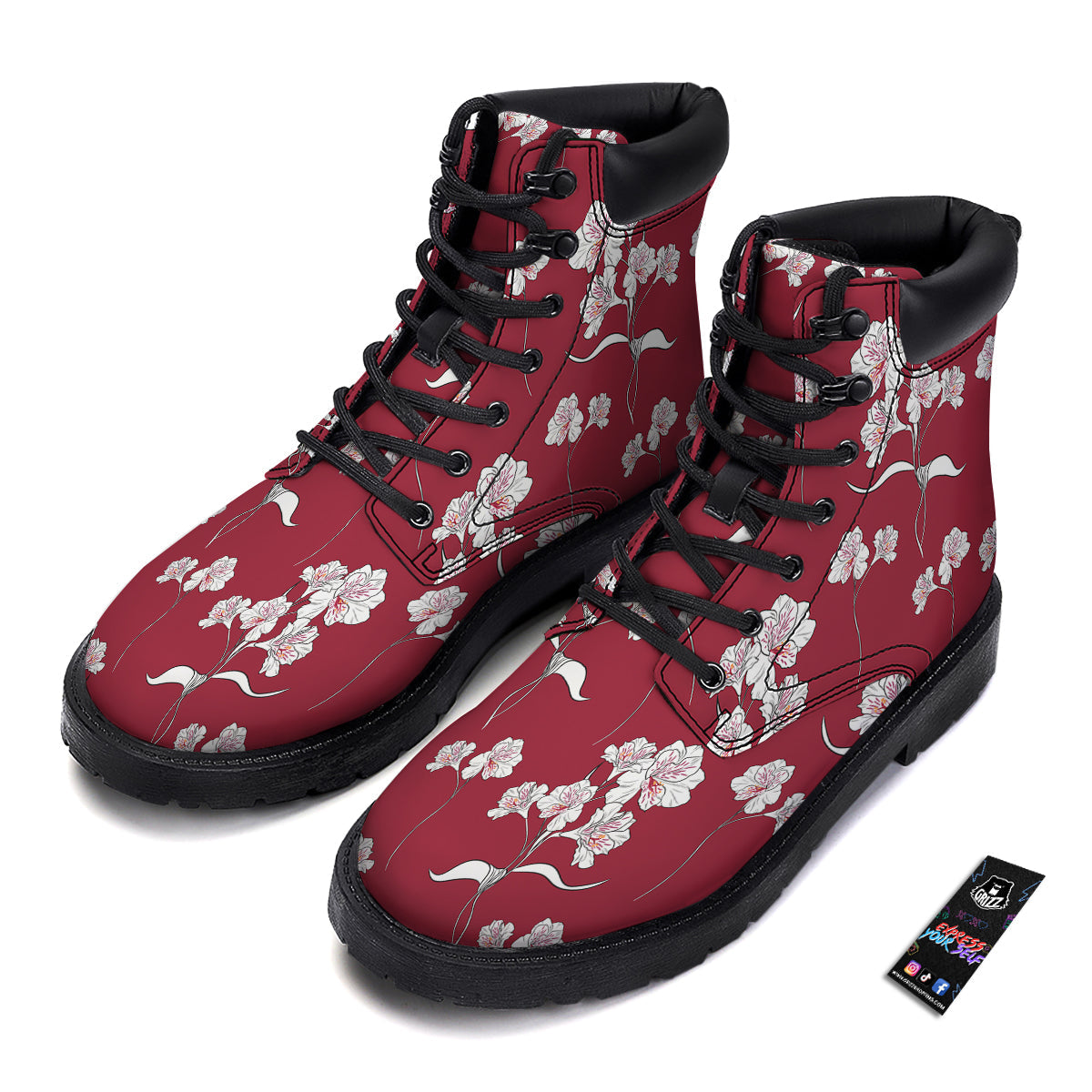 White Alstroemeria Red Print Pattern Boots-grizzshop