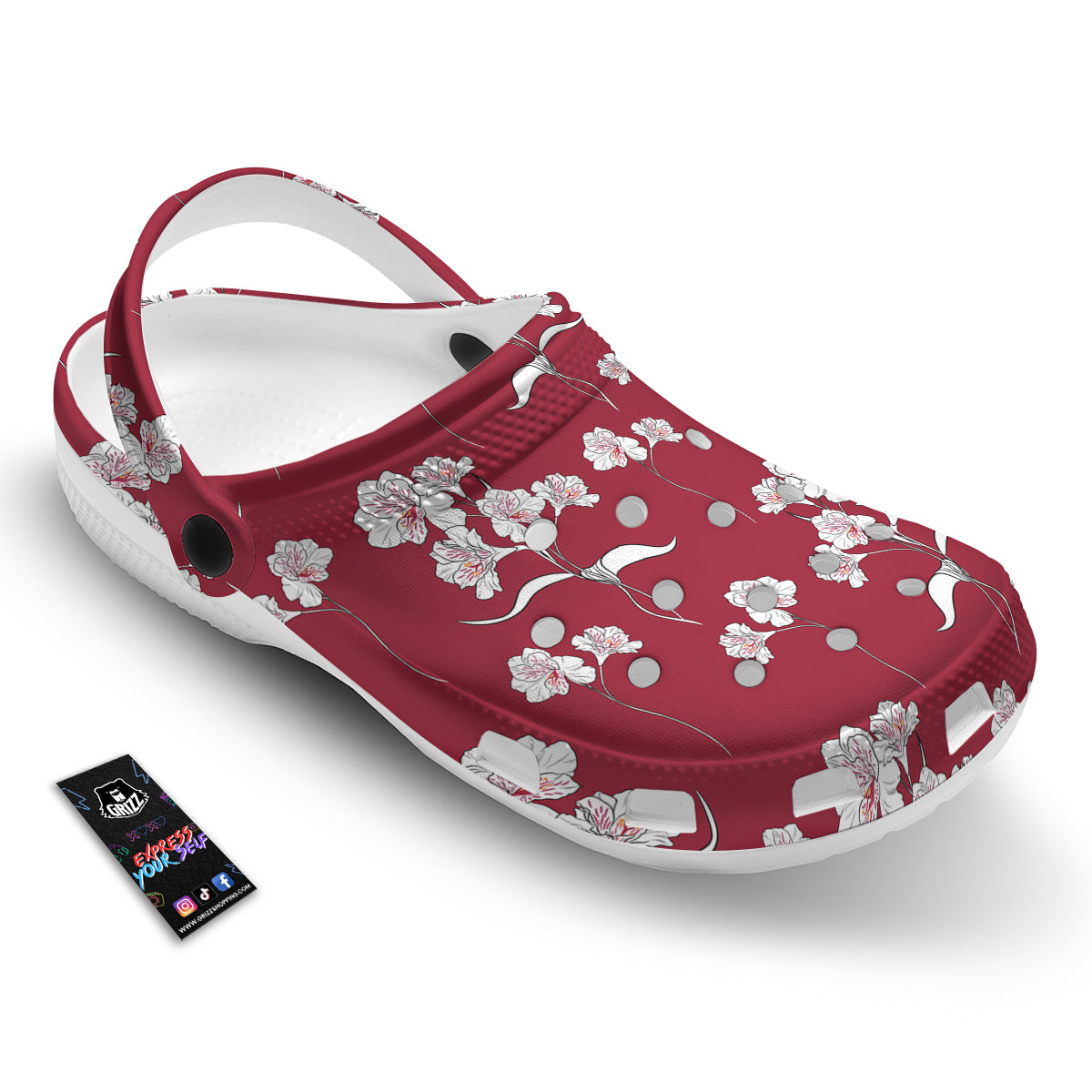 White Alstroemeria Red Print Pattern Clog-grizzshop