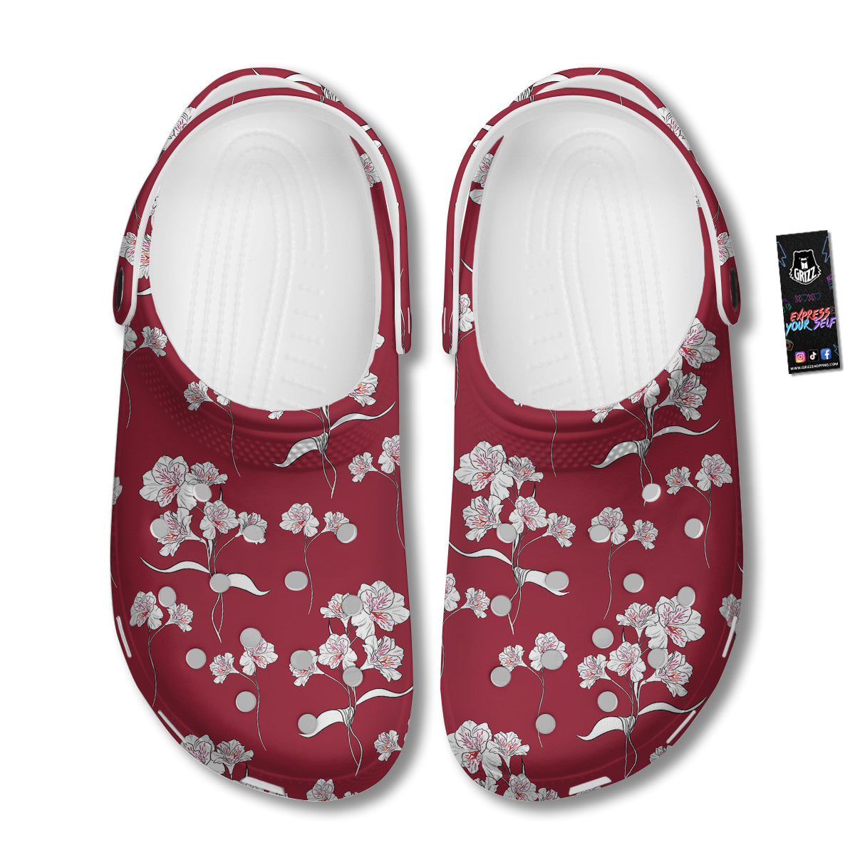 White Alstroemeria Red Print Pattern Clog-grizzshop
