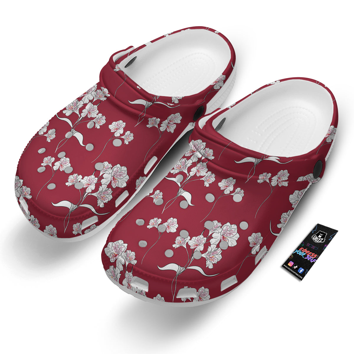 White Alstroemeria Red Print Pattern Clog-grizzshop