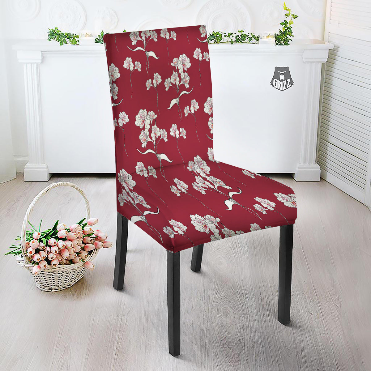 White Alstroemeria Red Print Pattern Dining Chair Slipcover-grizzshop