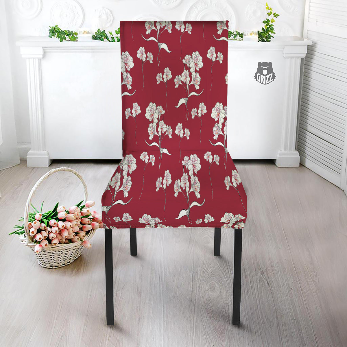 White Alstroemeria Red Print Pattern Dining Chair Slipcover-grizzshop