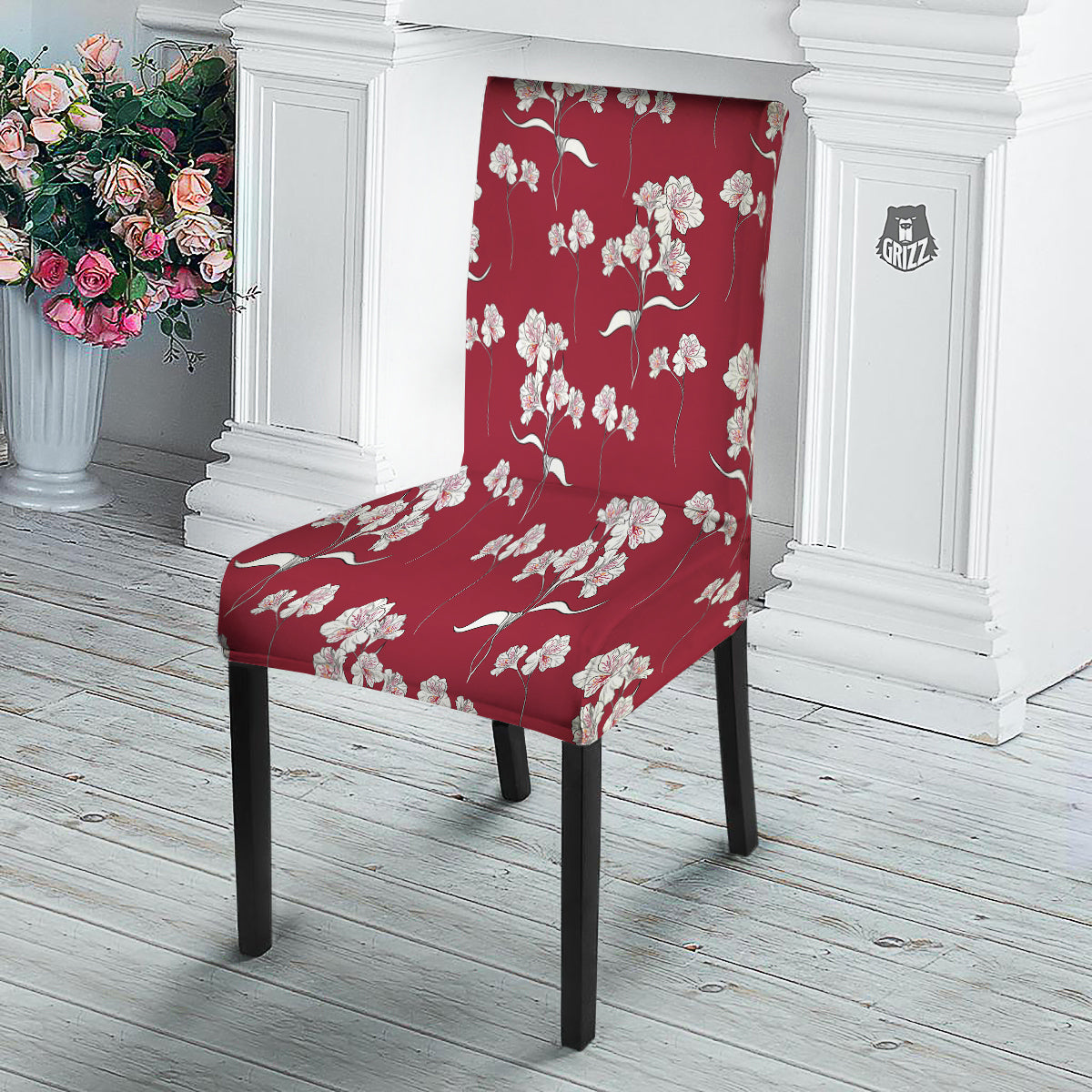 White Alstroemeria Red Print Pattern Dining Chair Slipcover-grizzshop