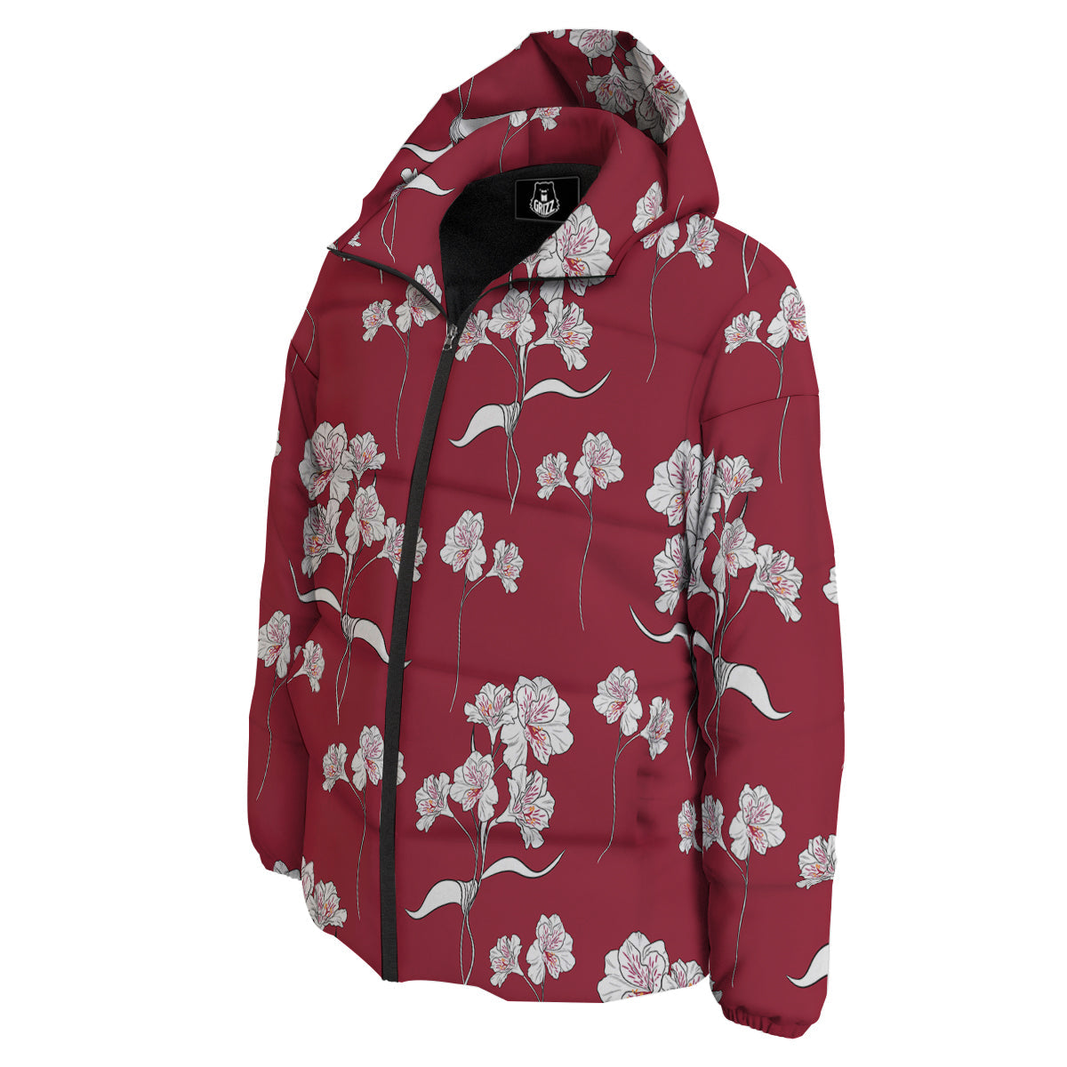 White Alstroemeria Red Print Pattern Down Jacket-grizzshop