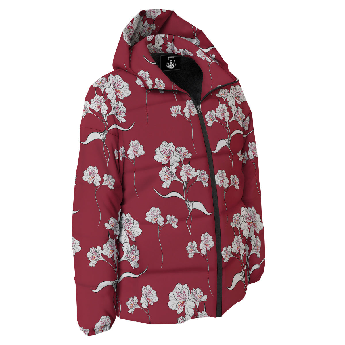White Alstroemeria Red Print Pattern Down Jacket-grizzshop