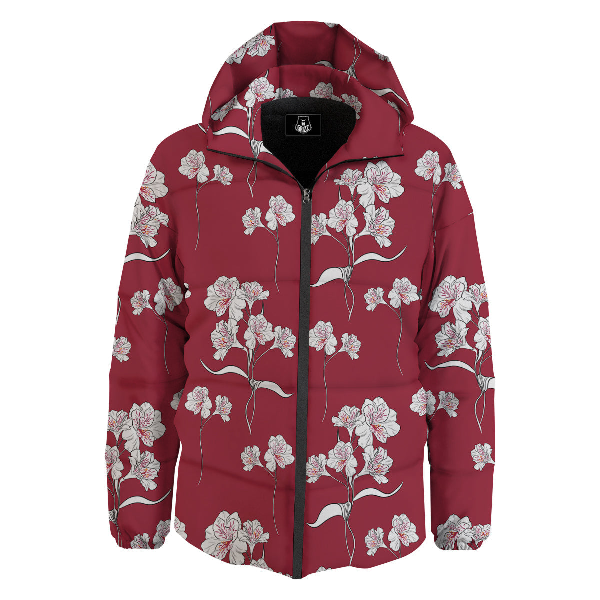 White Alstroemeria Red Print Pattern Down Jacket-grizzshop