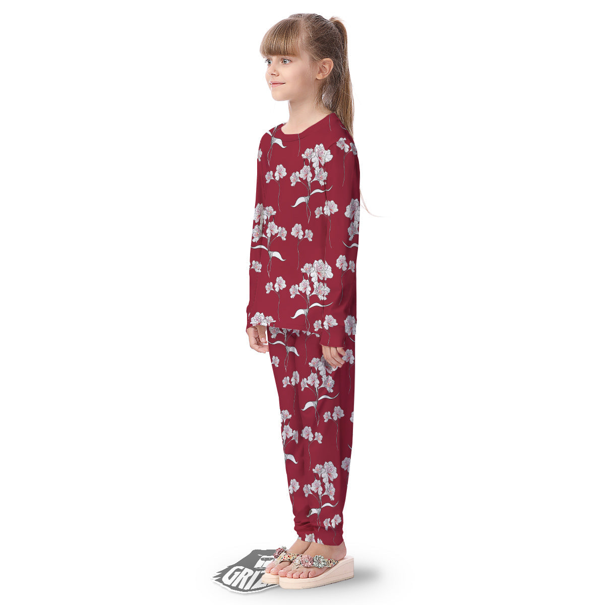 White Alstroemeria Red Print Pattern Kid's Pajamas-grizzshop