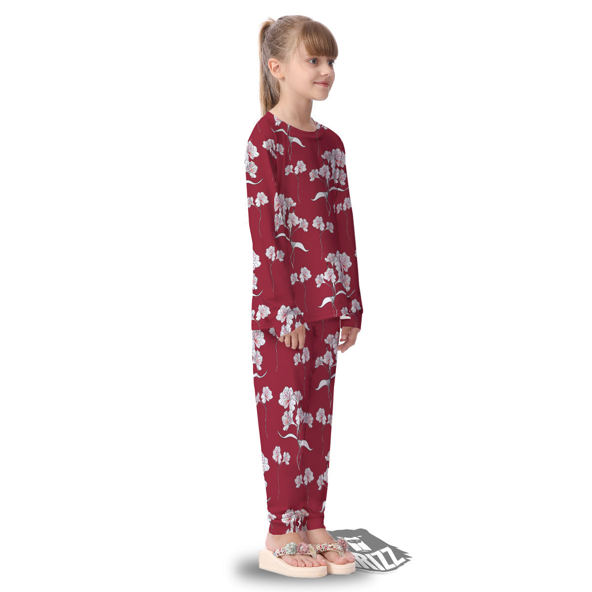 White Alstroemeria Red Print Pattern Kid's Pajamas-grizzshop