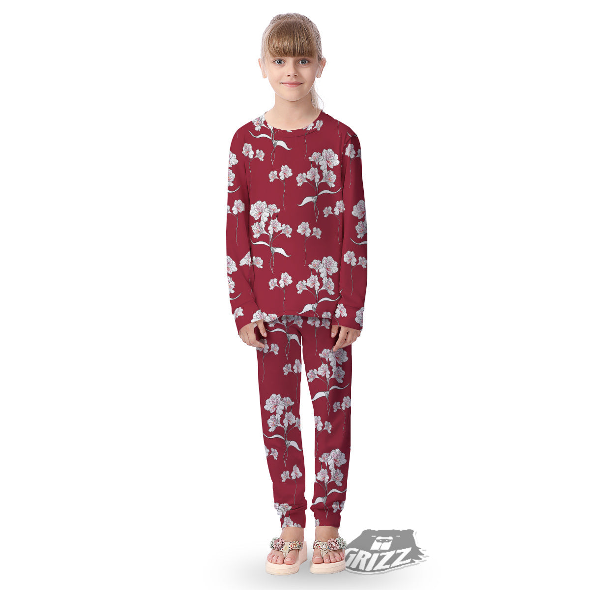White Alstroemeria Red Print Pattern Kid's Pajamas-grizzshop