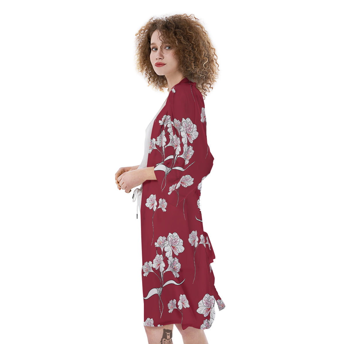White Alstroemeria Red Print Pattern Kimono-grizzshop