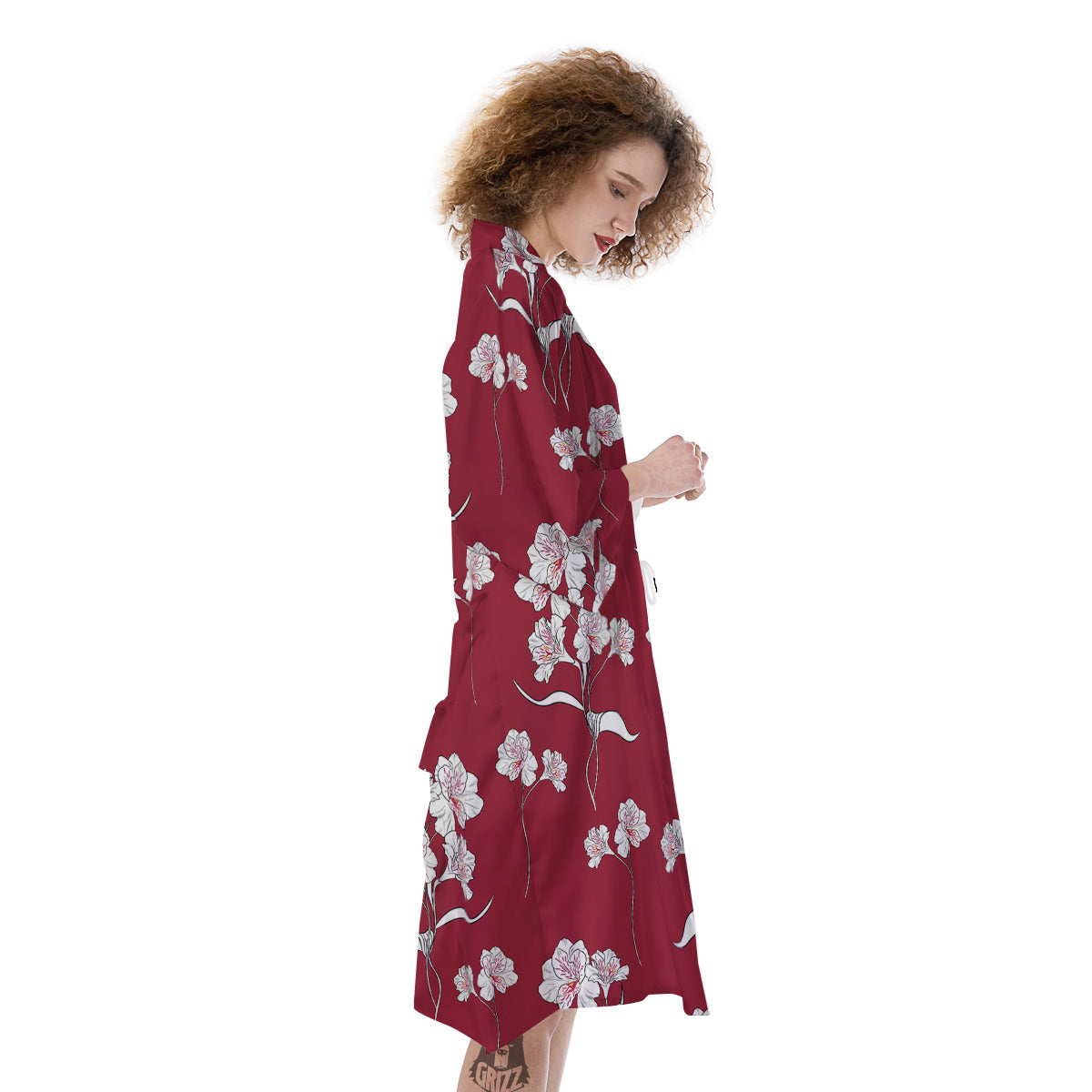 White Alstroemeria Red Print Pattern Kimono-grizzshop