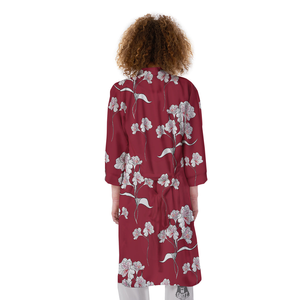 White Alstroemeria Red Print Pattern Kimono-grizzshop