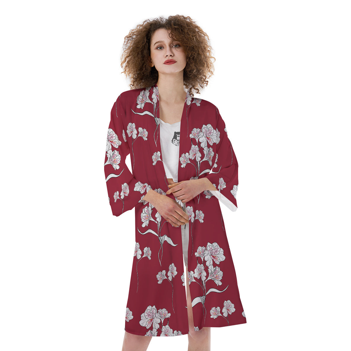 White Alstroemeria Red Print Pattern Kimono-grizzshop
