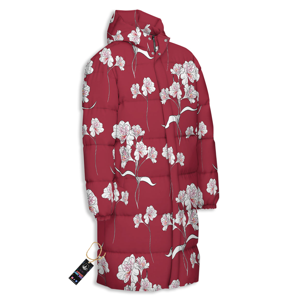 White Alstroemeria Red Print Pattern Long Down Jacket-grizzshop