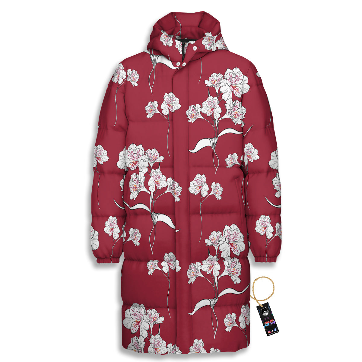 White Alstroemeria Red Print Pattern Long Down Jacket-grizzshop