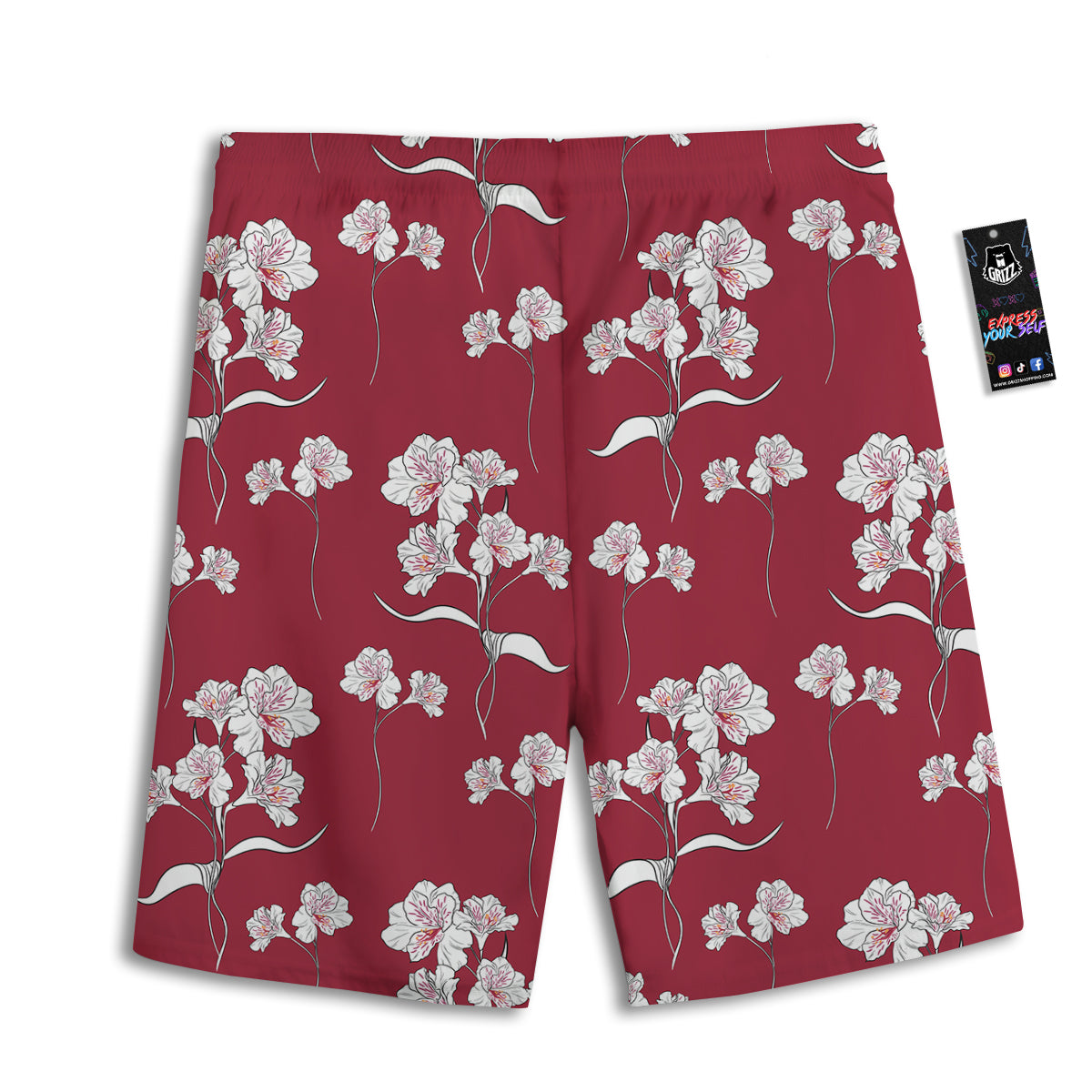 White Alstroemeria Red Print Pattern Men's Athletic Shorts
