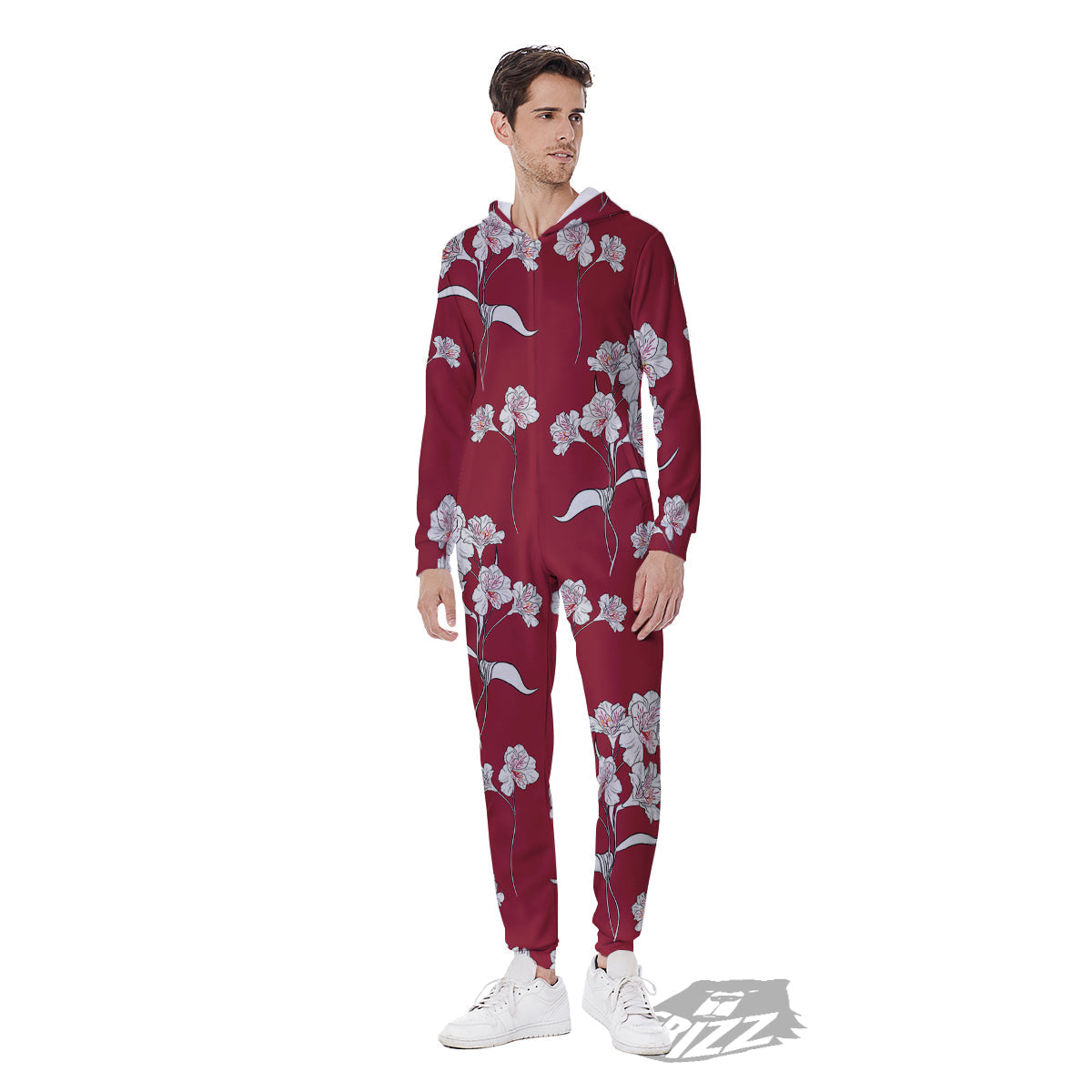 White Alstroemeria Red Print Pattern Men's Jumpsuit-grizzshop