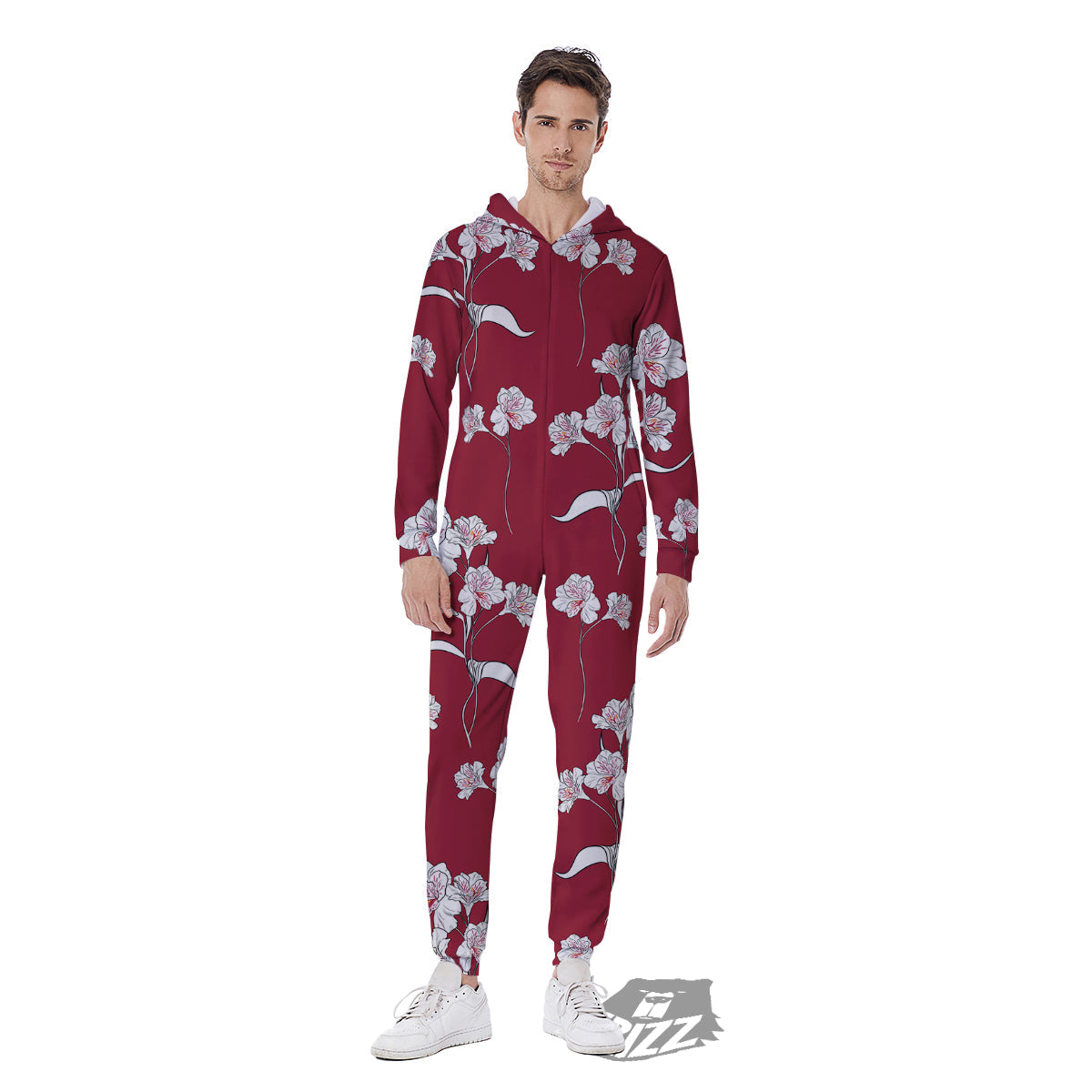 White Alstroemeria Red Print Pattern Men's Jumpsuit-grizzshop
