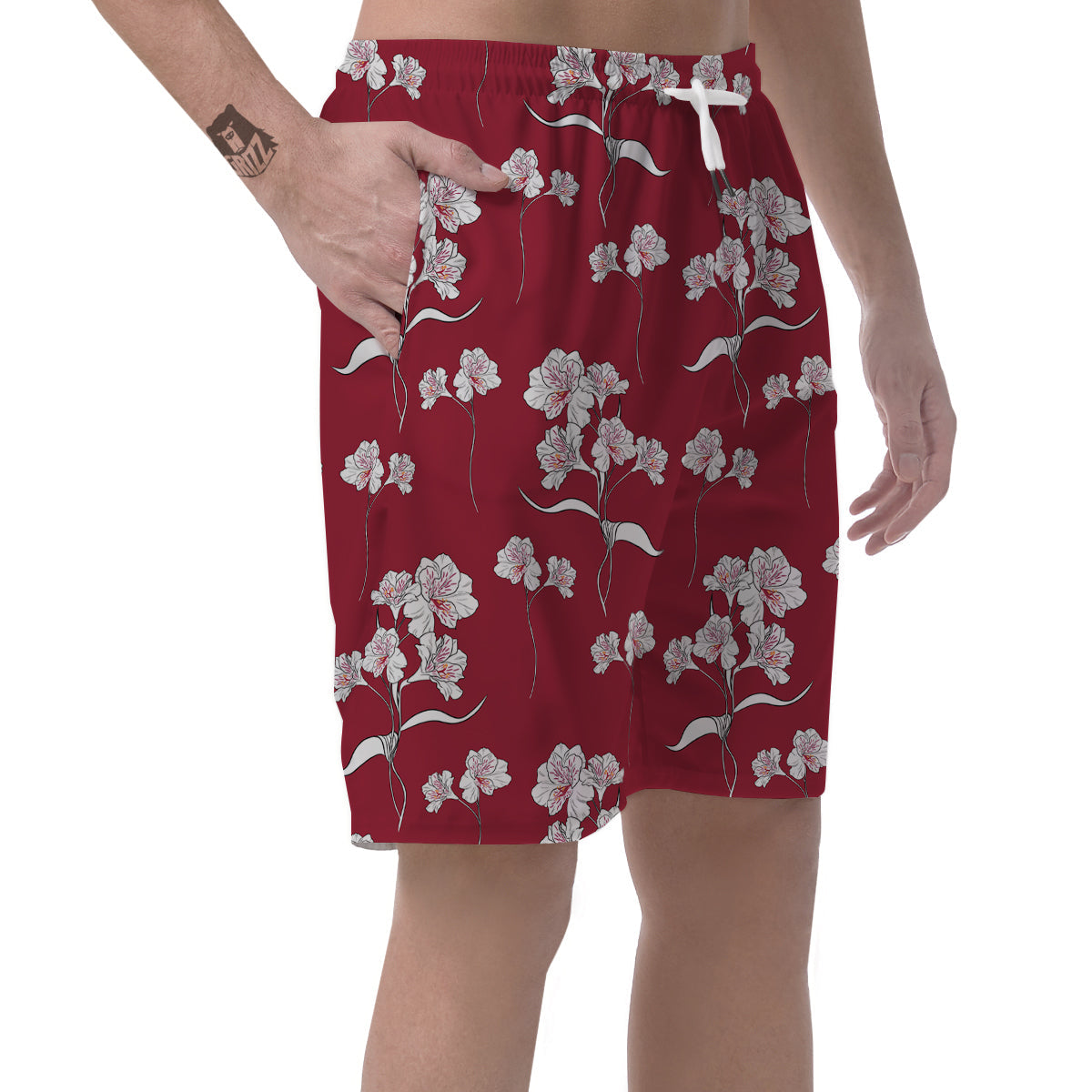 White Alstroemeria Red Print Pattern Men's Shorts-grizzshop