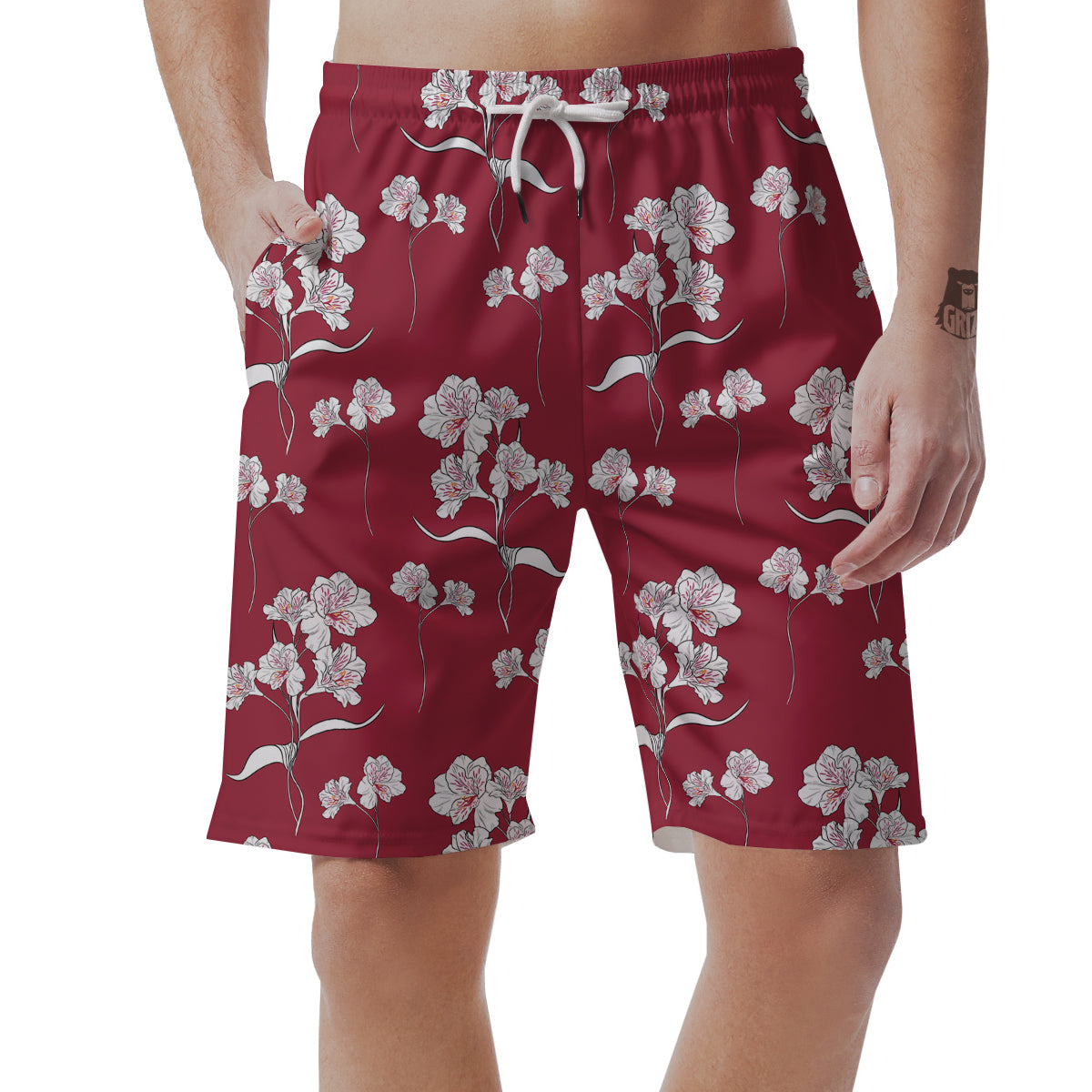 White Alstroemeria Red Print Pattern Men's Shorts-grizzshop