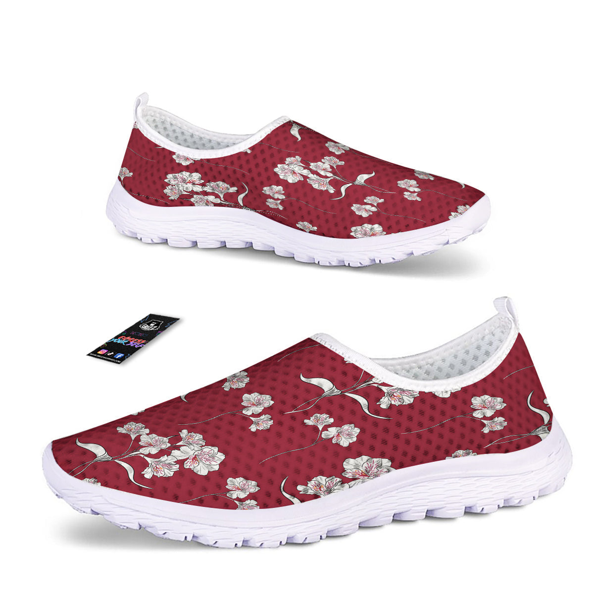 White Alstroemeria Red Print Pattern Nurse Shoes-grizzshop