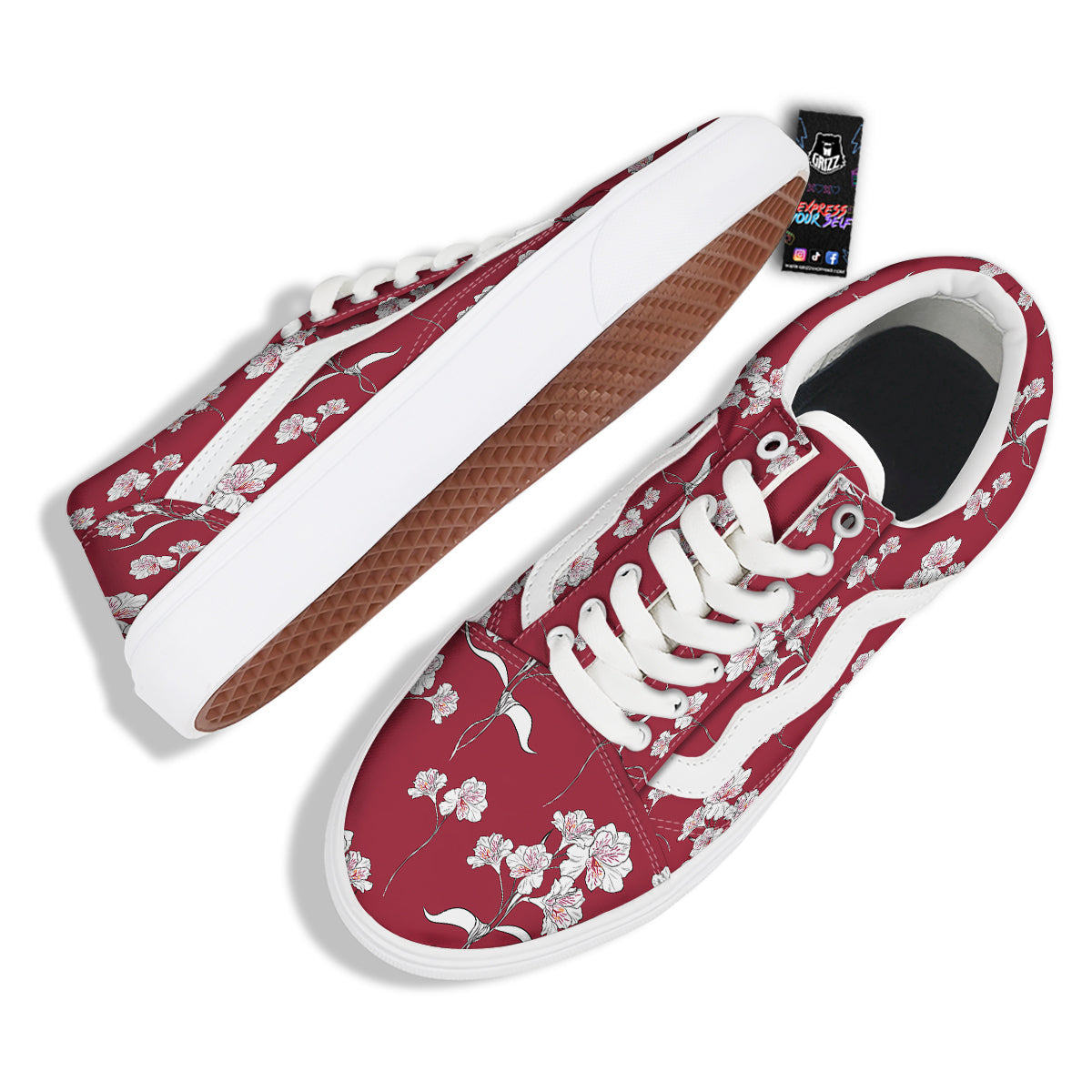 White Alstroemeria Red Print Pattern Skate Shoes-grizzshop