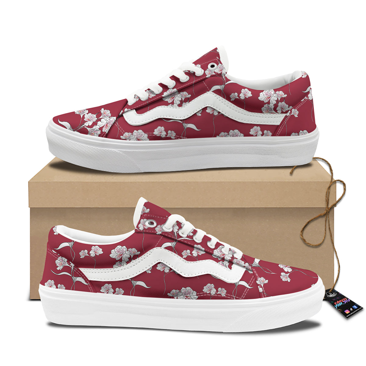 White Alstroemeria Red Print Pattern Skate Shoes-grizzshop