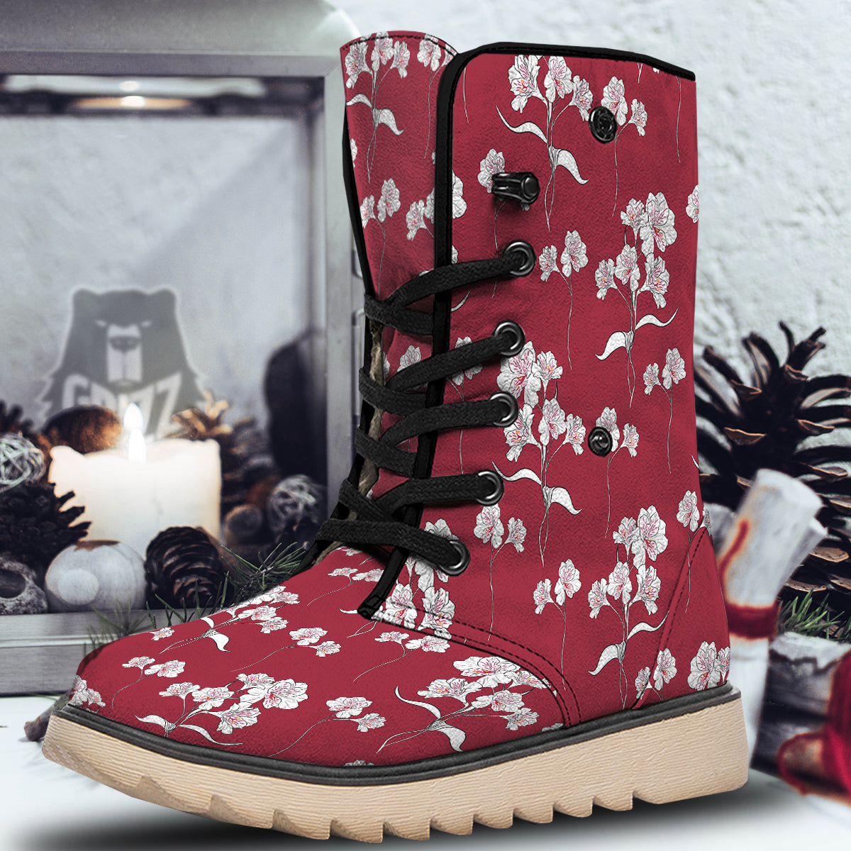White Alstroemeria Red Print Pattern Snow Boots-grizzshop