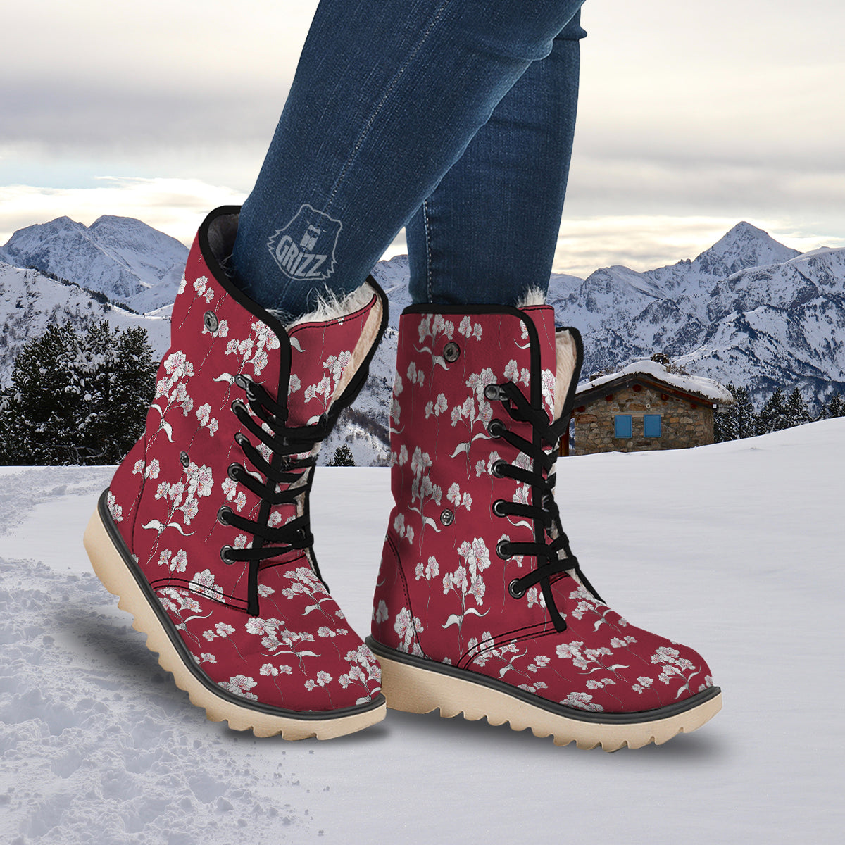 White Alstroemeria Red Print Pattern Snow Boots-grizzshop