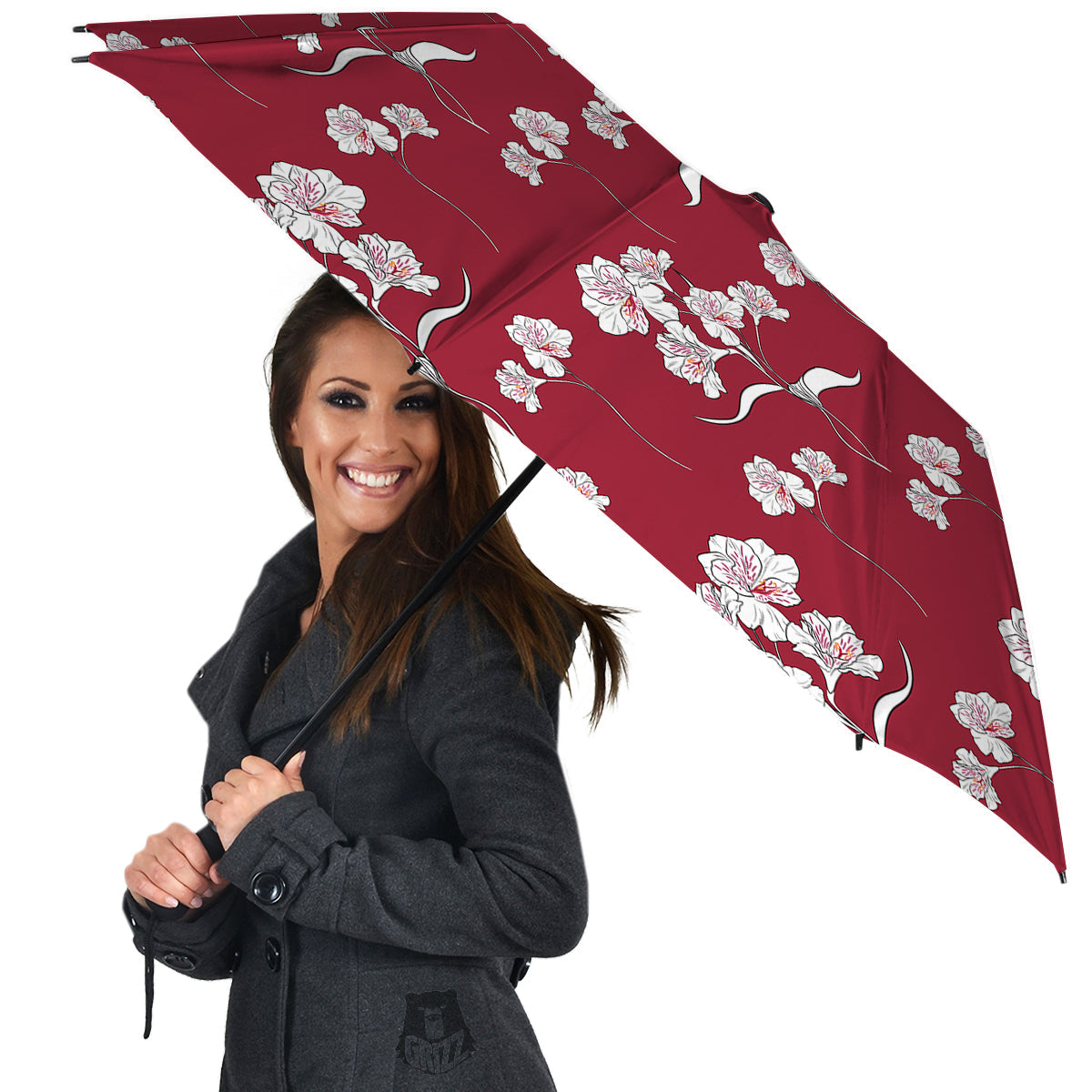 White Alstroemeria Red Print Pattern Umbrella-grizzshop