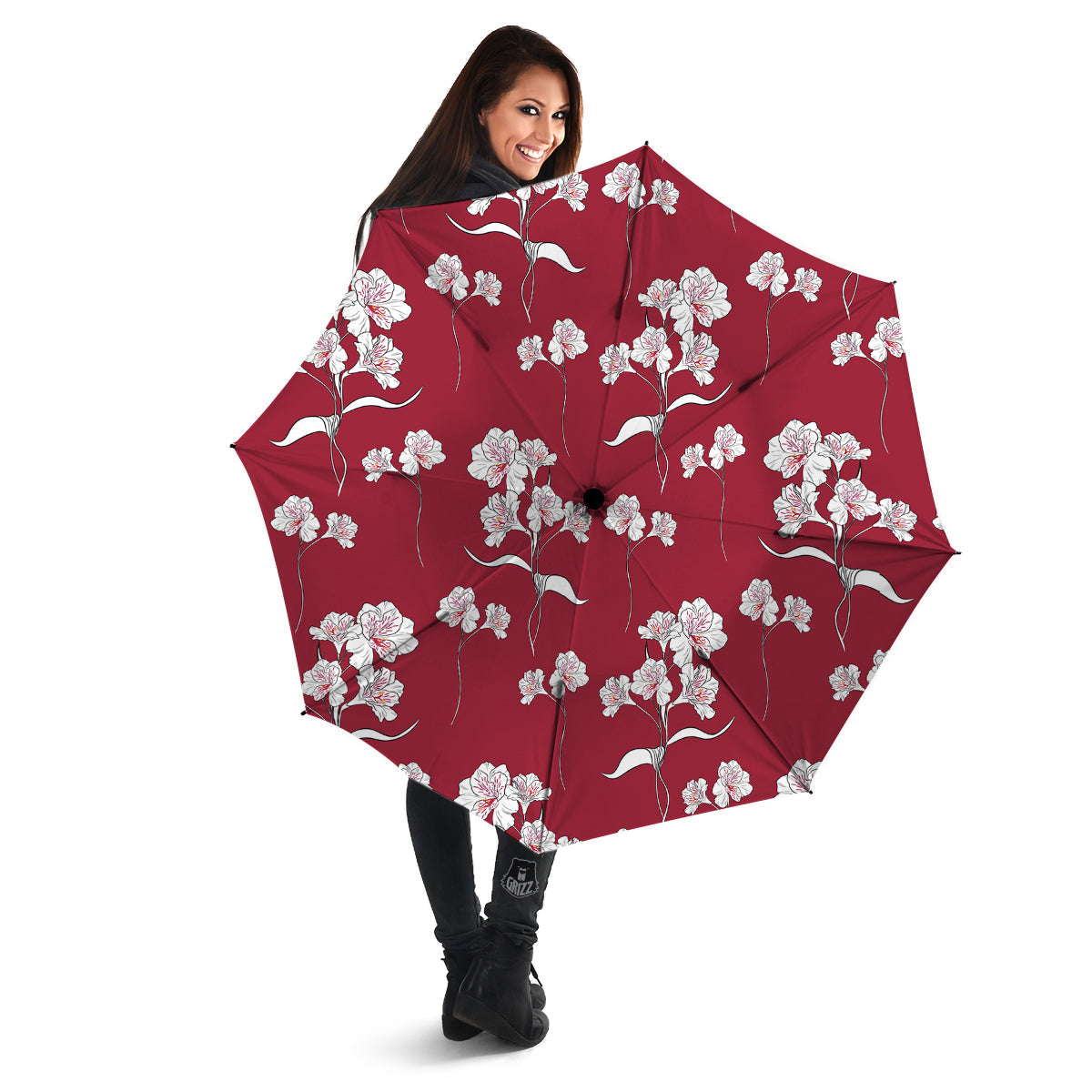 White Alstroemeria Red Print Pattern Umbrella-grizzshop