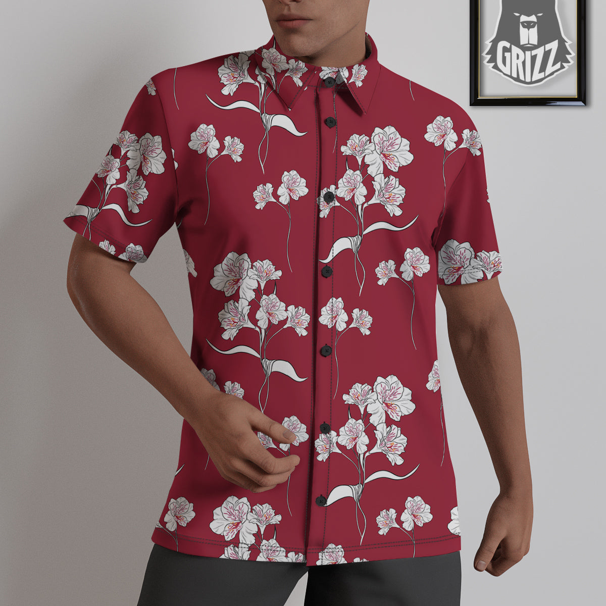 White Alstroemeria Red Print Pattern Untucked Shirts-grizzshop