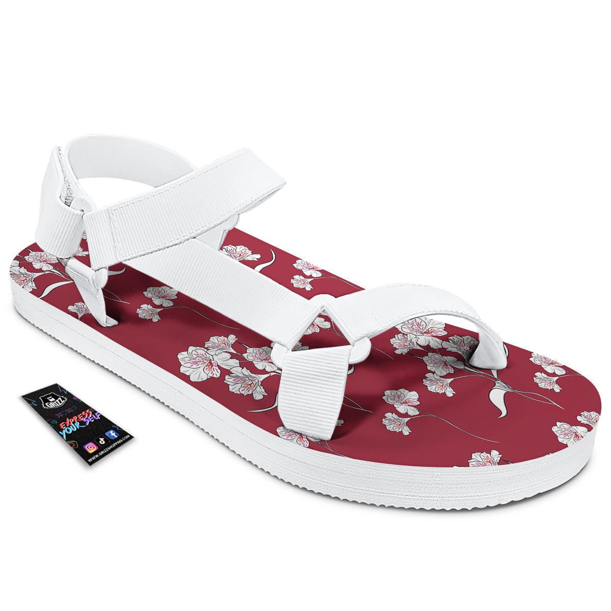 White Alstroemeria Red Print Pattern White Open Toe Sandals-grizzshop