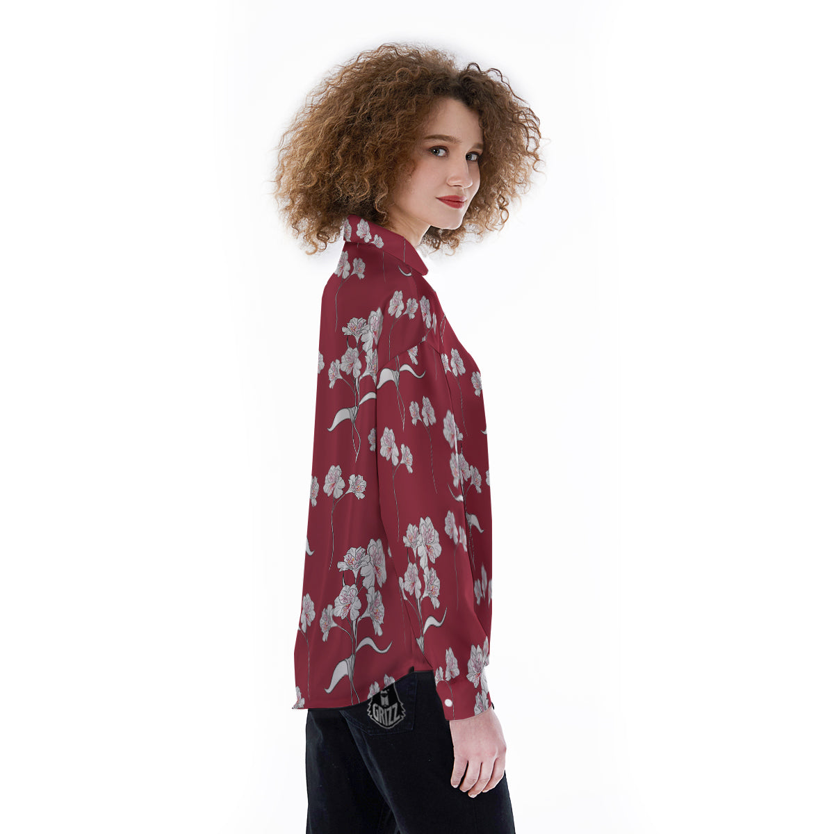 White Alstroemeria Red Print Pattern Women's Long Sleeve Shirts-grizzshop