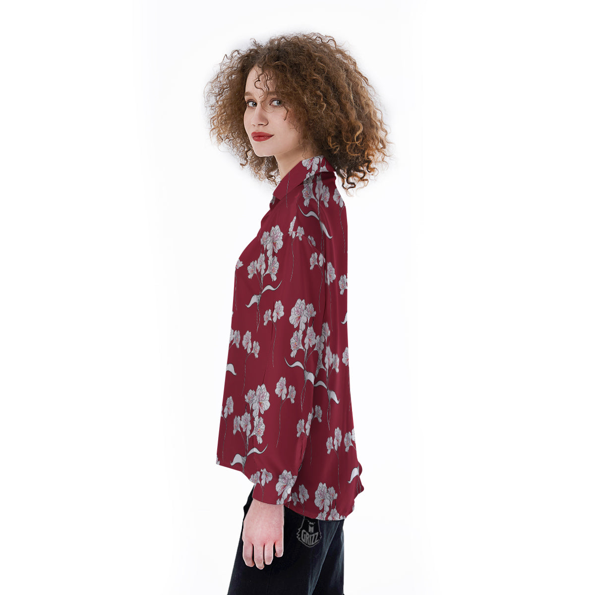 White Alstroemeria Red Print Pattern Women's Long Sleeve Shirts-grizzshop