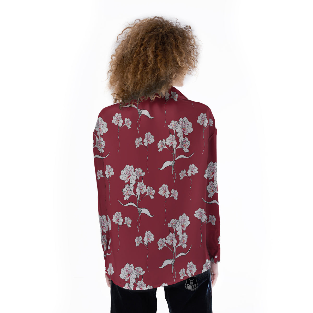 White Alstroemeria Red Print Pattern Women's Long Sleeve Shirts-grizzshop