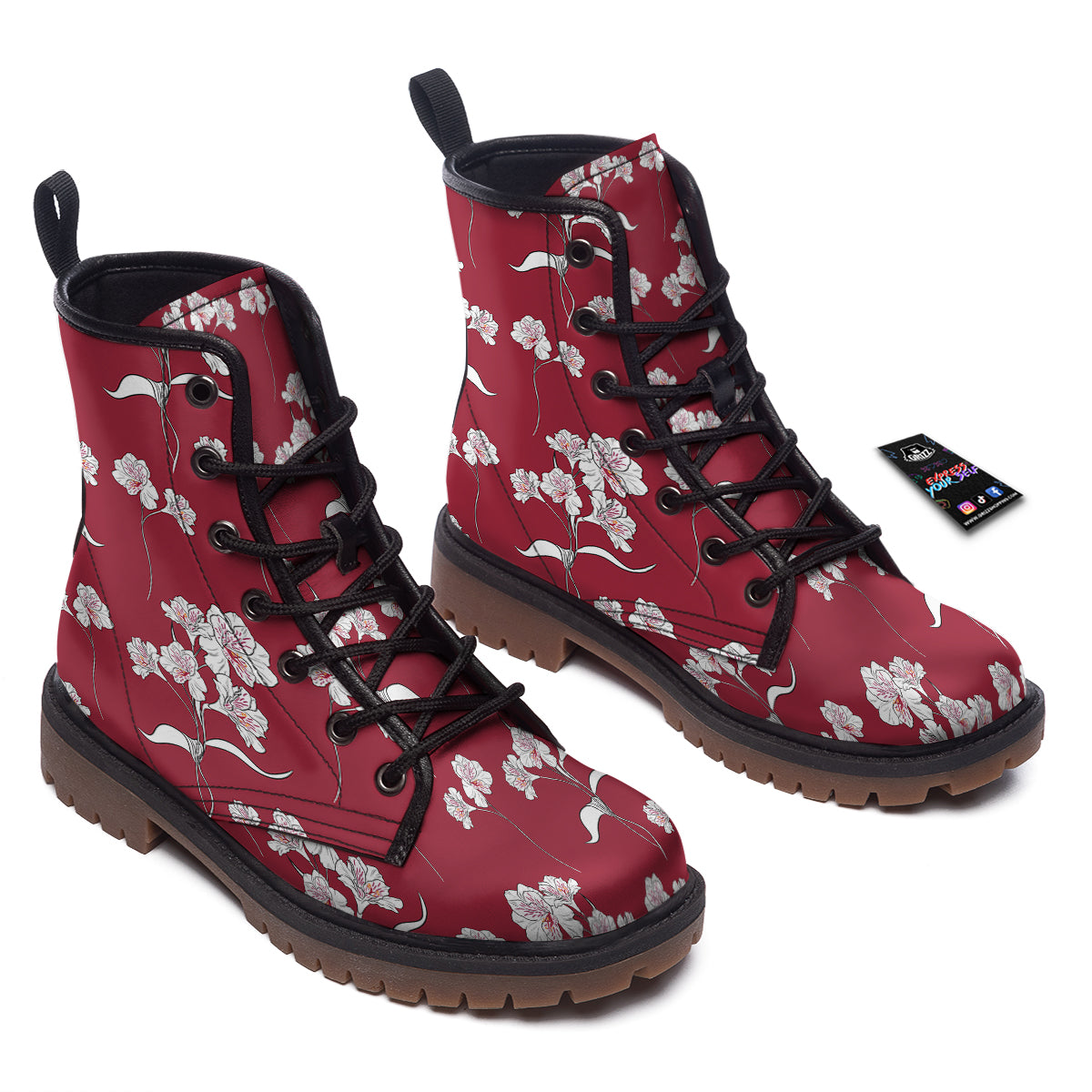 White Alstroemeria Red Print Pattern Work Boots-grizzshop