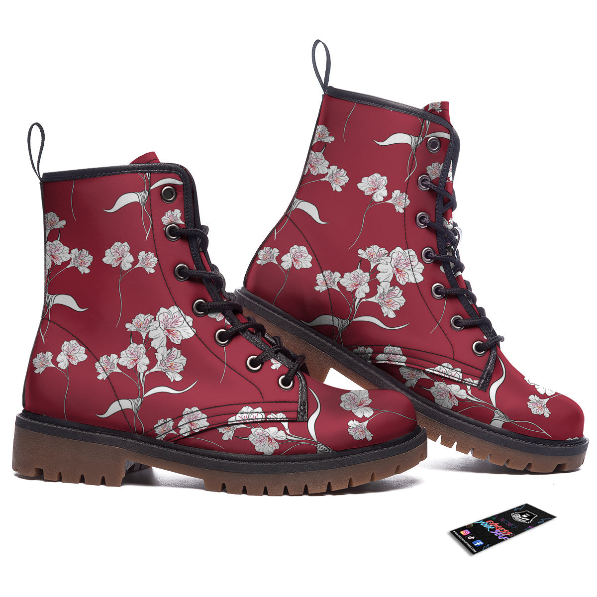 White Alstroemeria Red Print Pattern Work Boots-grizzshop