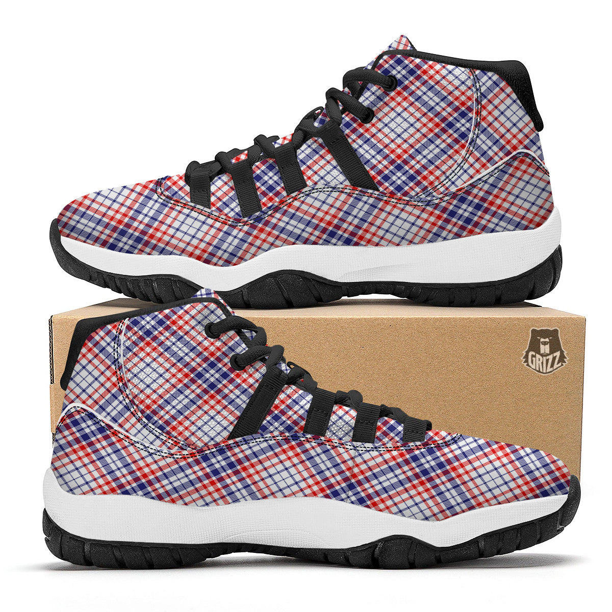 White American Plaid And Blue Red Print Black Bball Shoes-grizzshop