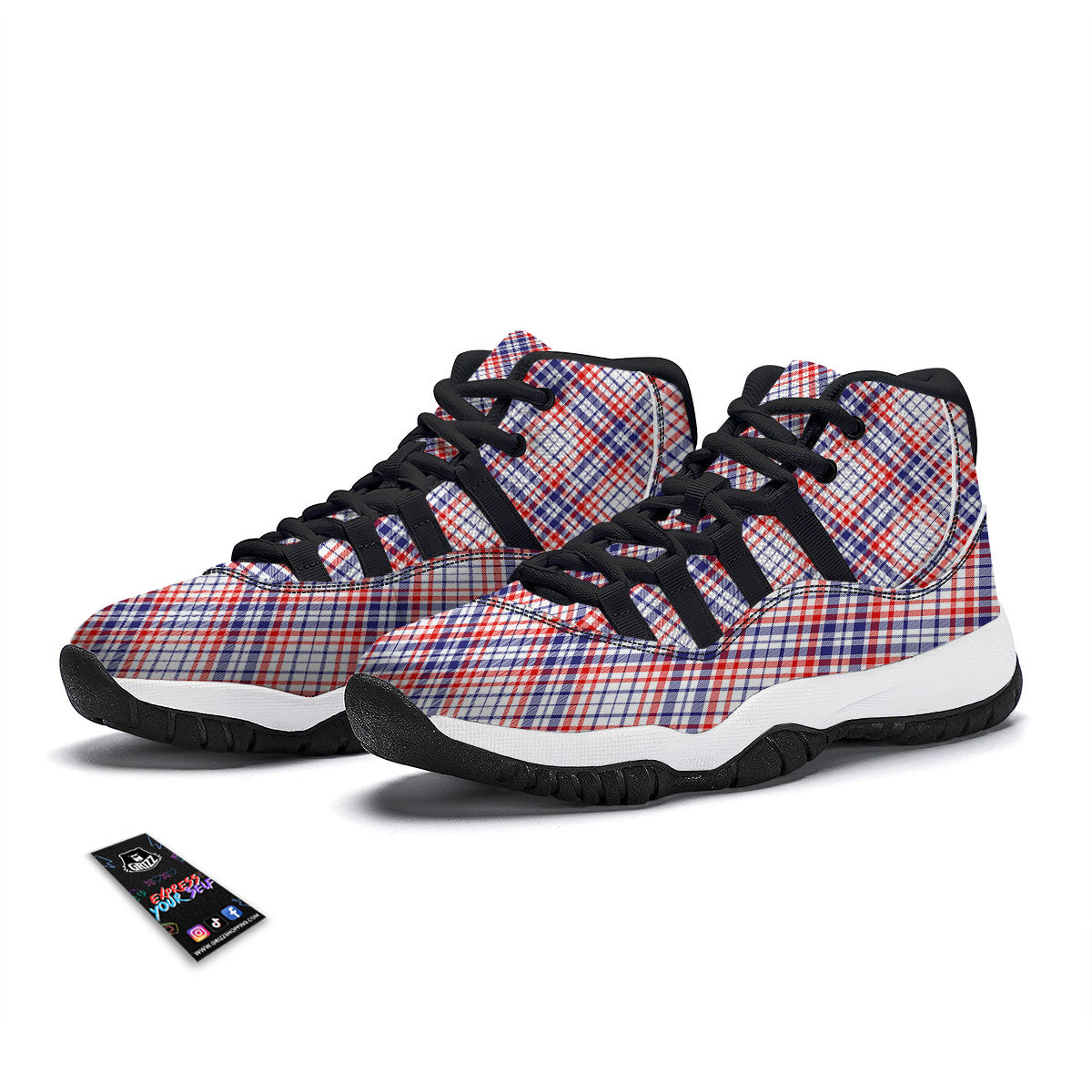 White American Plaid And Blue Red Print Black Bball Shoes-grizzshop