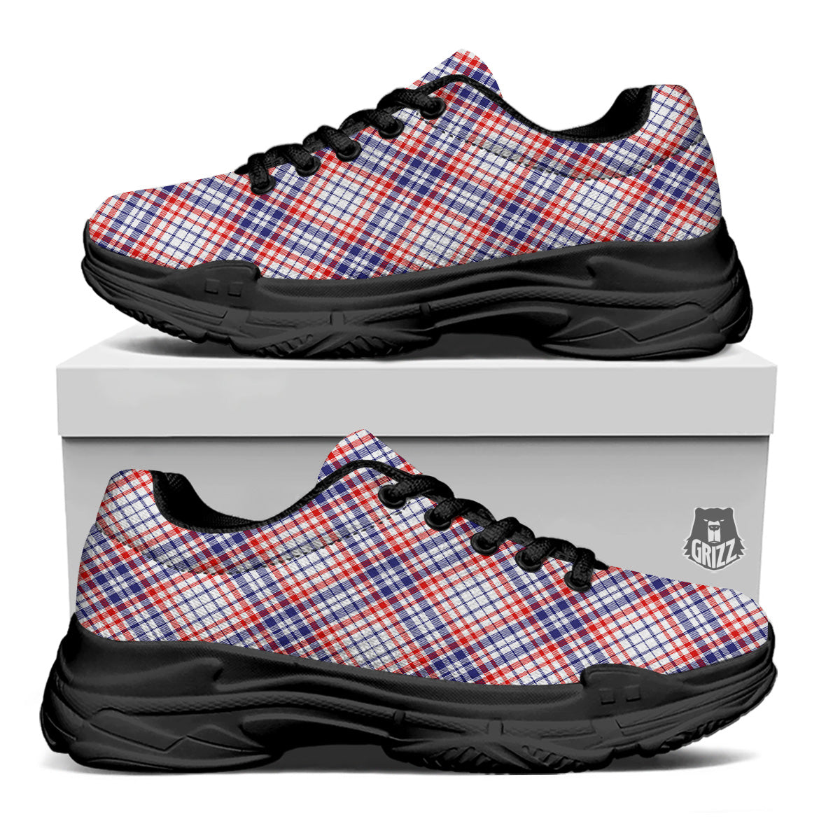 White American Plaid And Blue Red Print Black Chunky Shoes-grizzshop