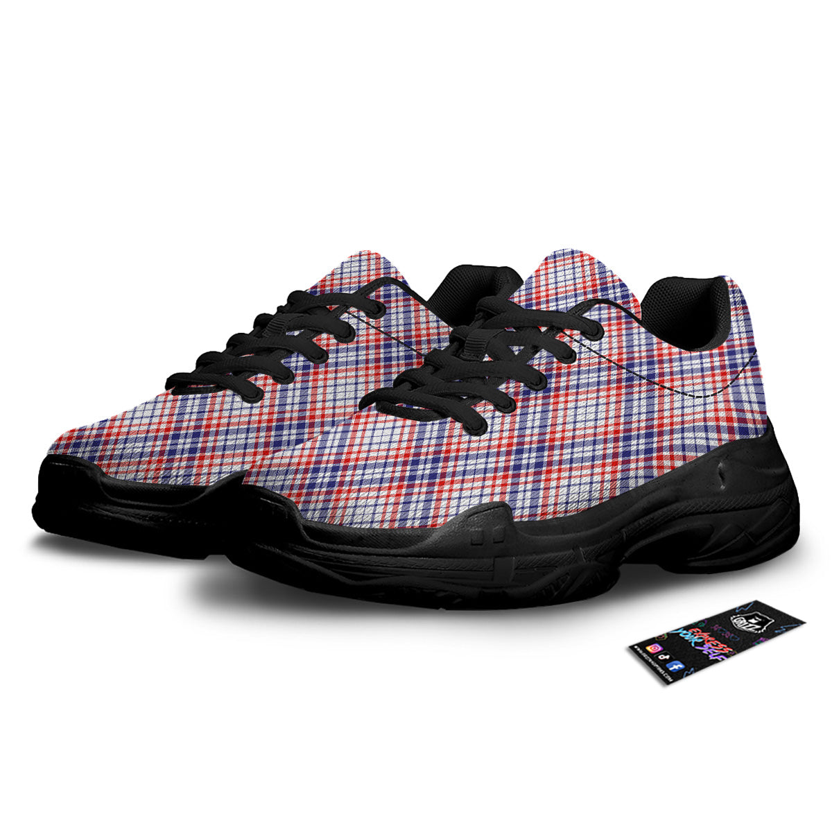 White American Plaid And Blue Red Print Black Chunky Shoes-grizzshop