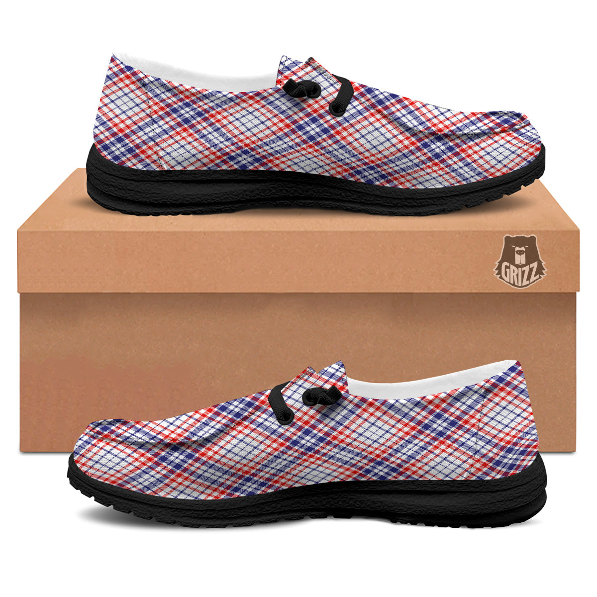 White American Plaid And Blue Red Print Black Loafers-grizzshop