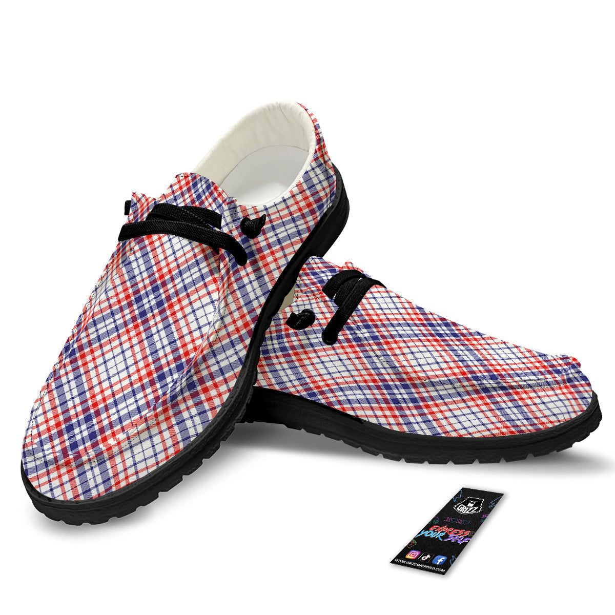 White American Plaid And Blue Red Print Black Loafers-grizzshop